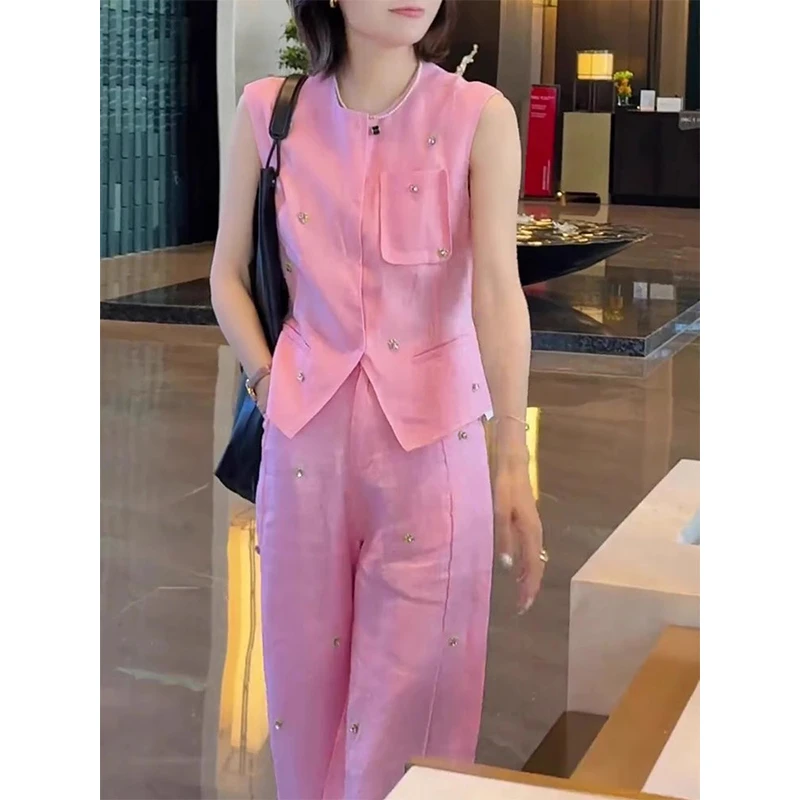 气质轻奢高级感女人味粉色亚麻上衣裤子套装女2025夏季超火两件套