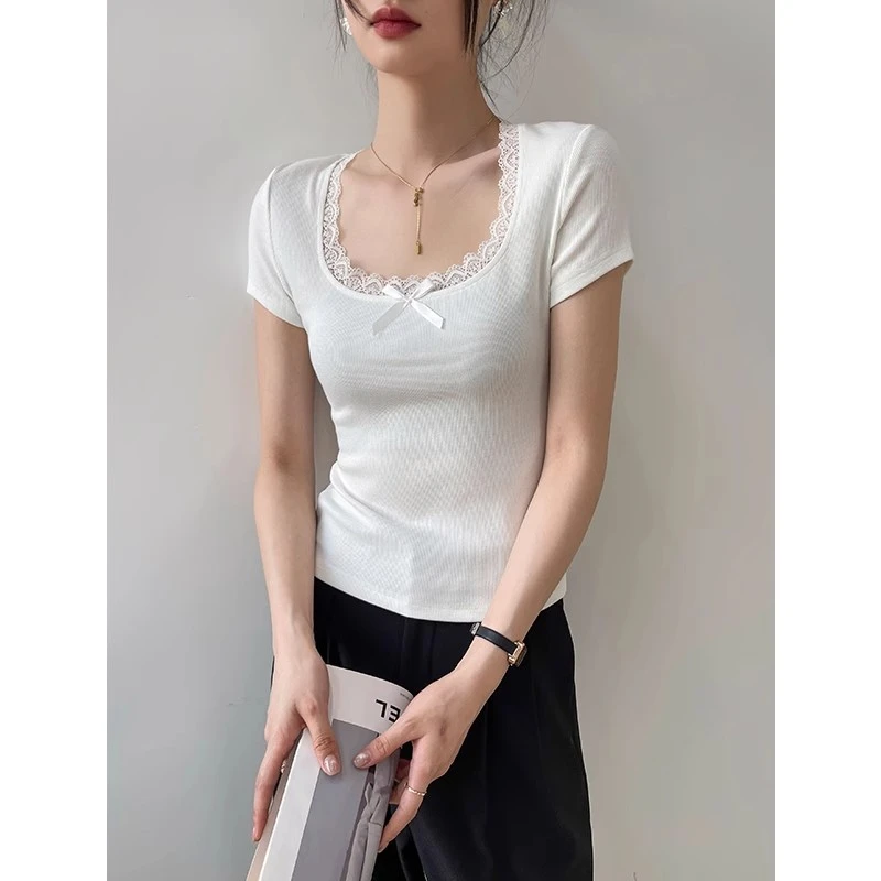 白色蕾丝拼接u领短袖女t恤夏季2025年新款内搭打底衫正肩上衣修身