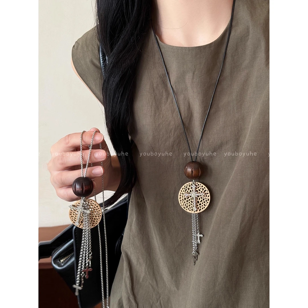 钛钢项链 新中式十字架木质皮绳项链女百搭长款挂坠小众国潮配饰