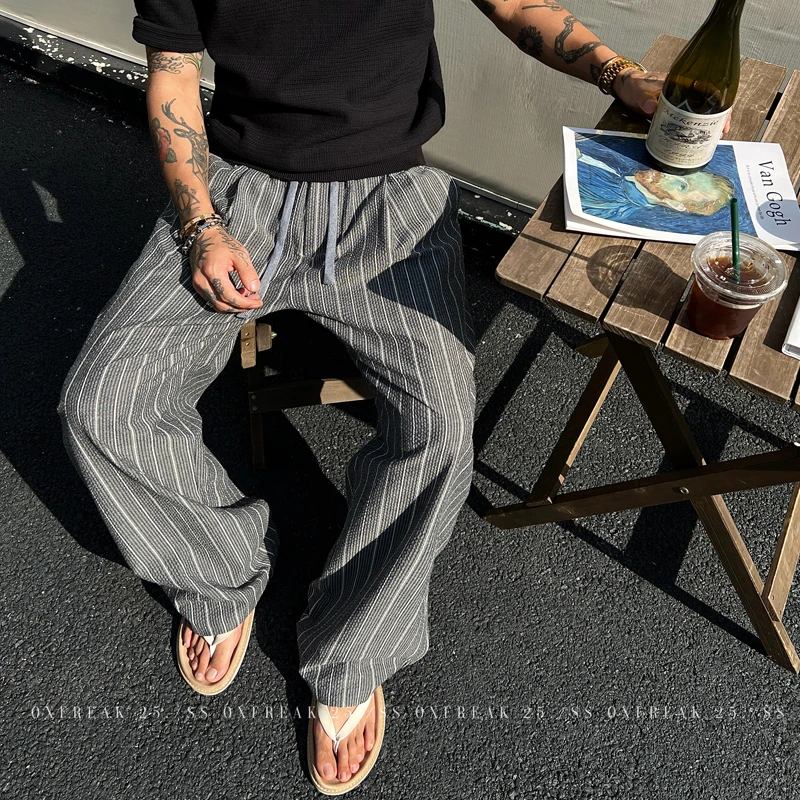 OXFREAK「编织肌理感」老钱风撞色条纹休闲裤男直筒宽松抽绳裤子