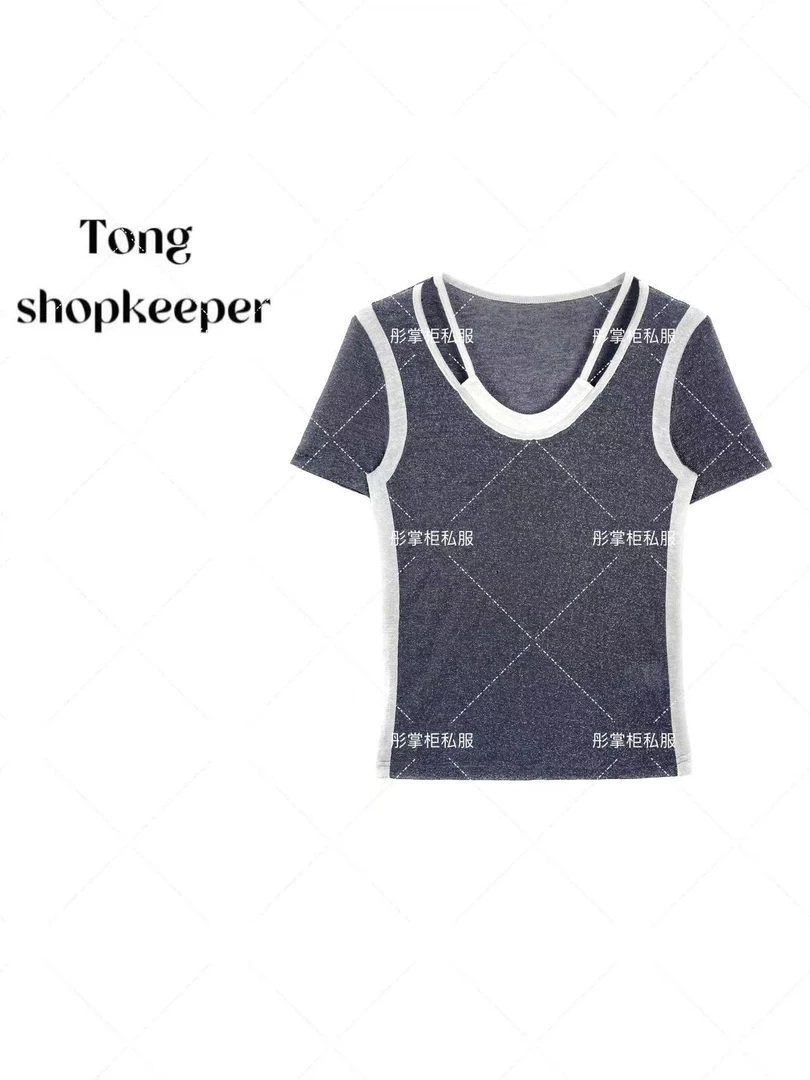 QJ/彤掌柜1681933 夏季25拼色新款莱赛尔天丝羊毛镂空领秀款上衣