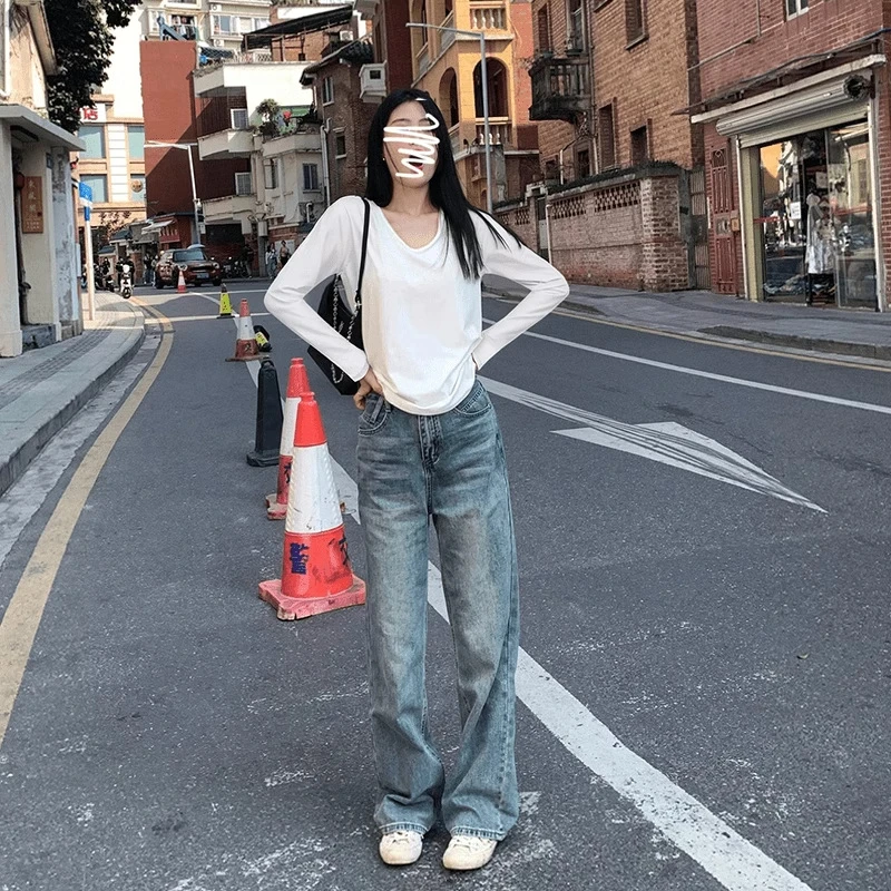 秋冬白月光V领长袖T