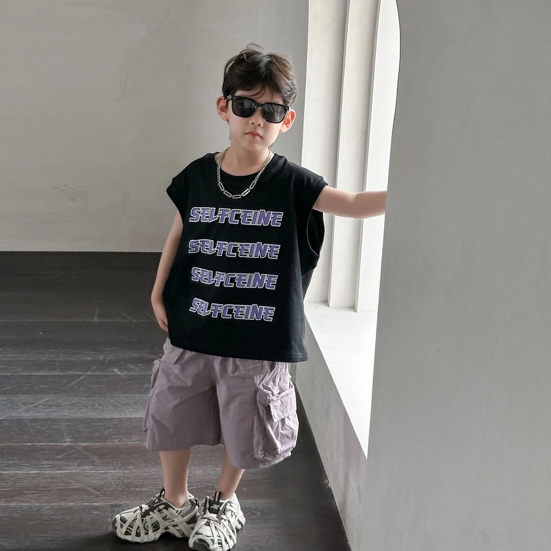 HY25145男童2025新款夏装儿童无袖T男孩休闲短袖上衣童装