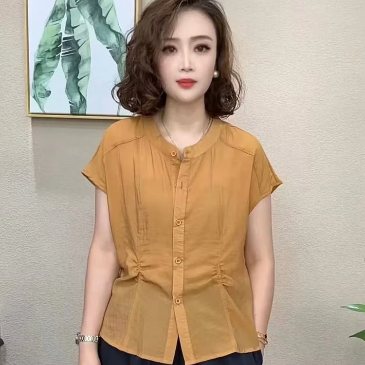 新款洋气减龄宽松显瘦休闲百搭上衣开衫女夏季时尚妈妈装短袖衬衫