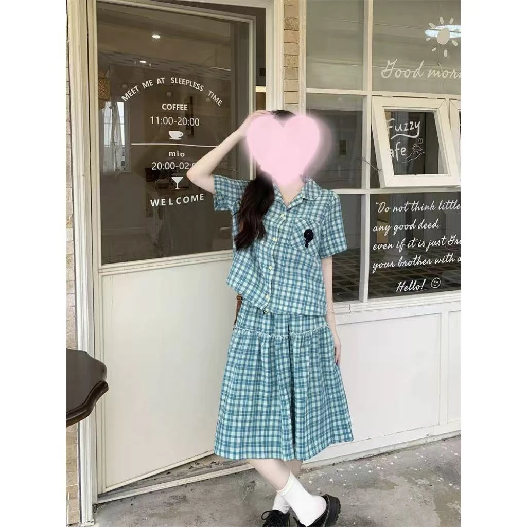 复古学院风格子套装Polo领衬衫半袖＋半身裙子胖MM穿搭