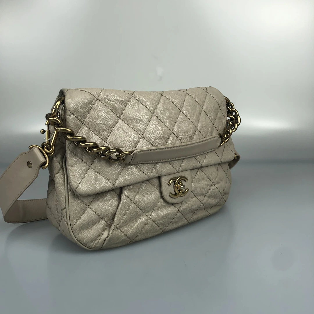 95新 Chanel/香奈儿 奶白色2way复古金扣款肩带机场包 底长35