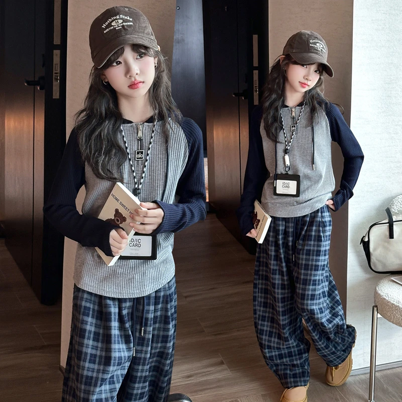 女童秋装套装2025新款女大童春秋季洋气时髦针织帽衫格子裤套装
