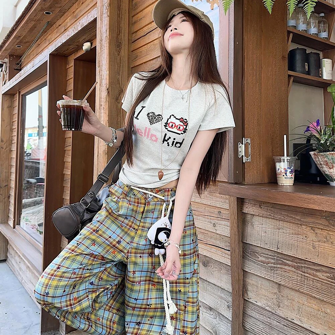 美式复古豹纹像素凯蒂猫印花辣妹正肩修身夏季短袖t恤潮流百搭ins