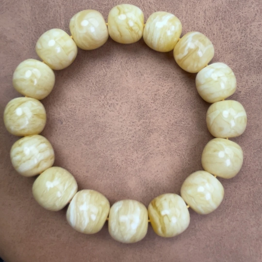 蜜蜡未镶嵌手串俄料同料奶咖瓷白花虎皮15*14.2腕口19+