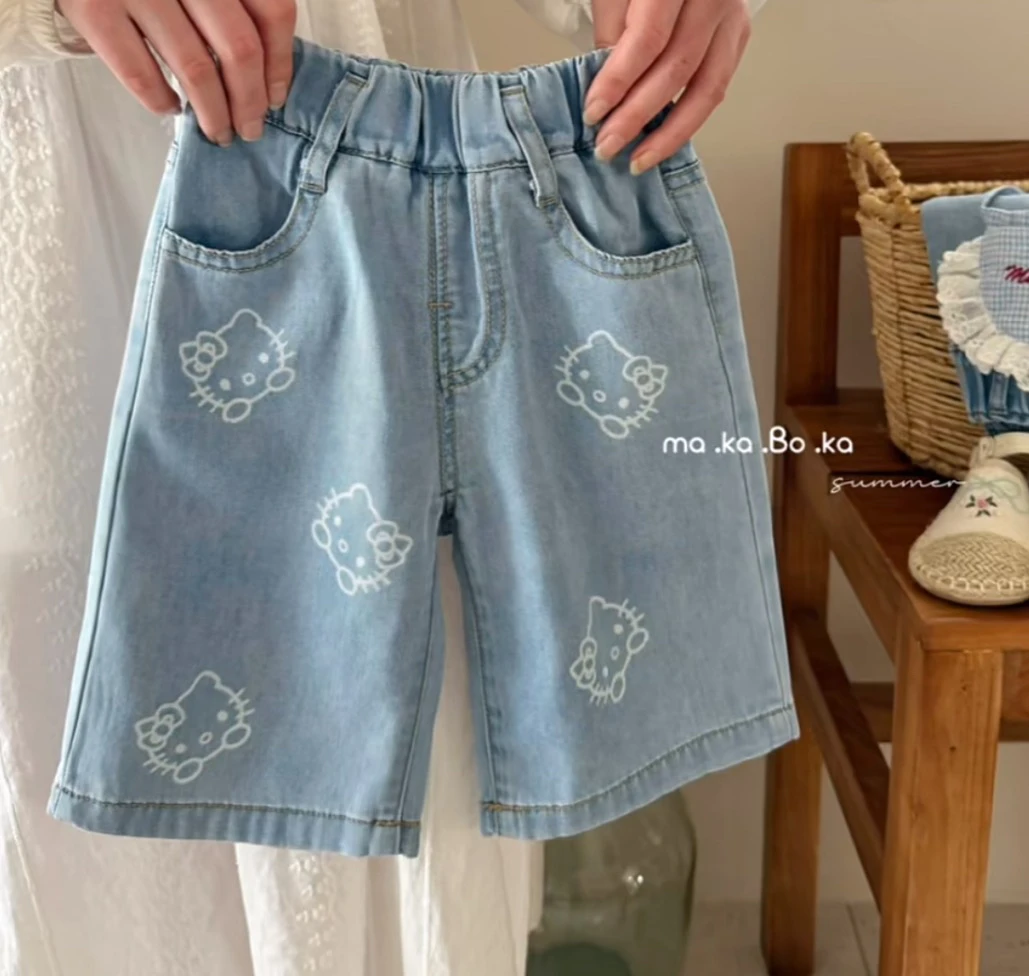 女童牛仔裤夏装五分裤2025洋气时髦薄款女孩宽松印花百搭潮五分裤