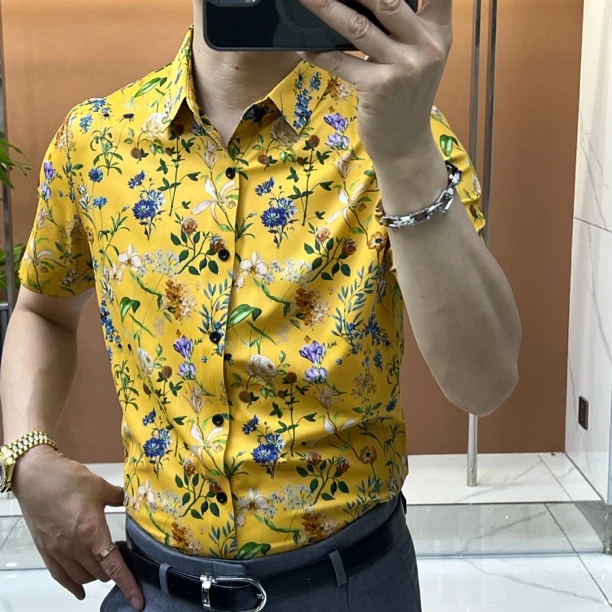 男士碎花印花时尚个性百搭潮流弹力三色短袖衬衫