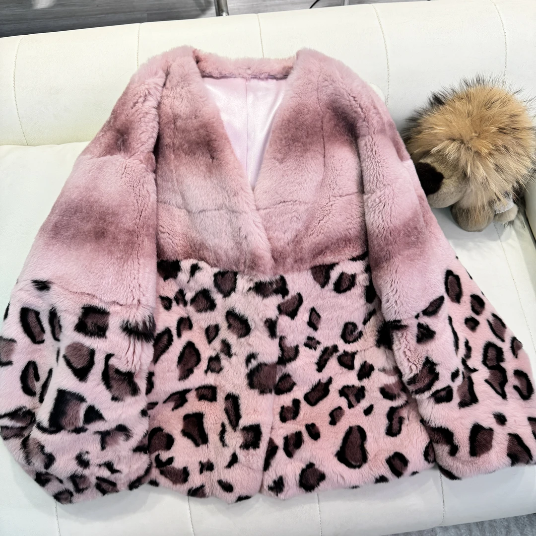 无品牌【YIXIAN】时尚气质宽松豹纹粉红毛外套8563-60