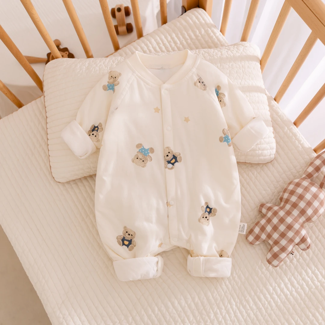 婴儿薄棉衣服A类夹棉宝宝连体衣春秋冬季棉服内穿打底家居服