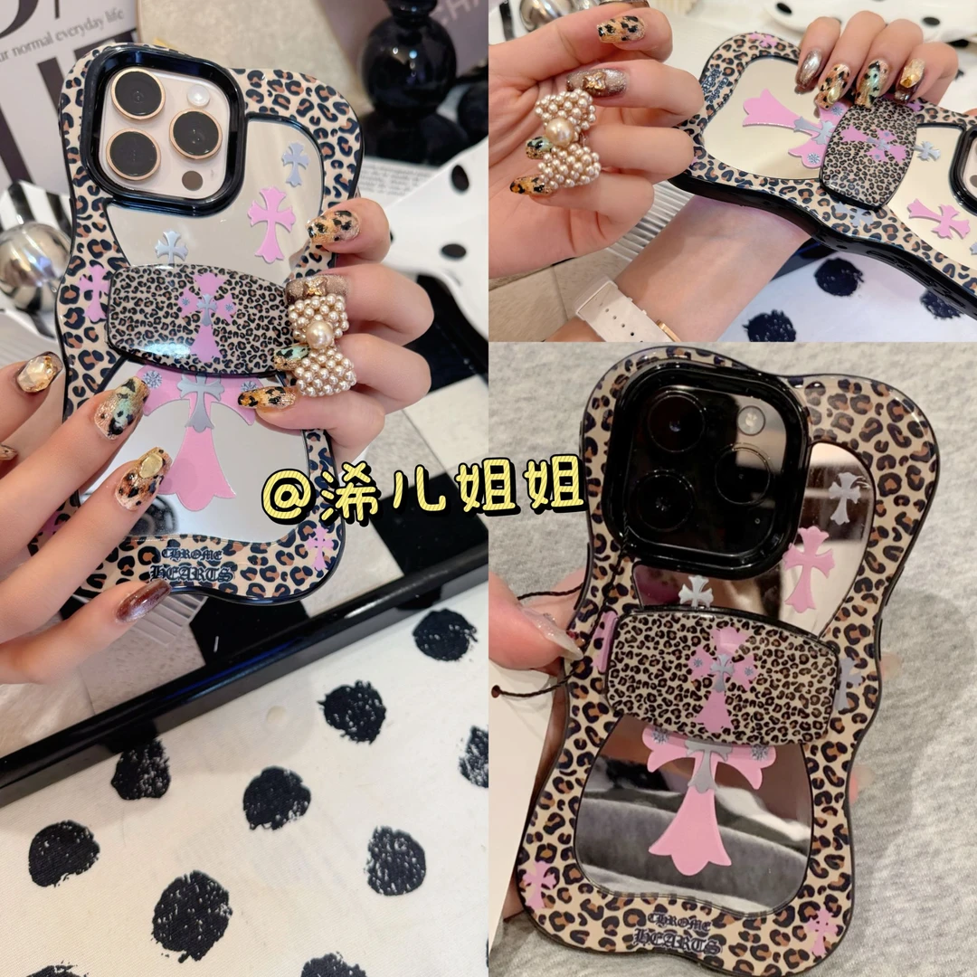【浠儿家】时尚豹纹十字架镜面支架手机壳全包防摔手机壳适用苹果