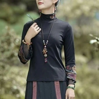 春秋冬高端刺绣微喇袖打底女上衣半高领中式修身