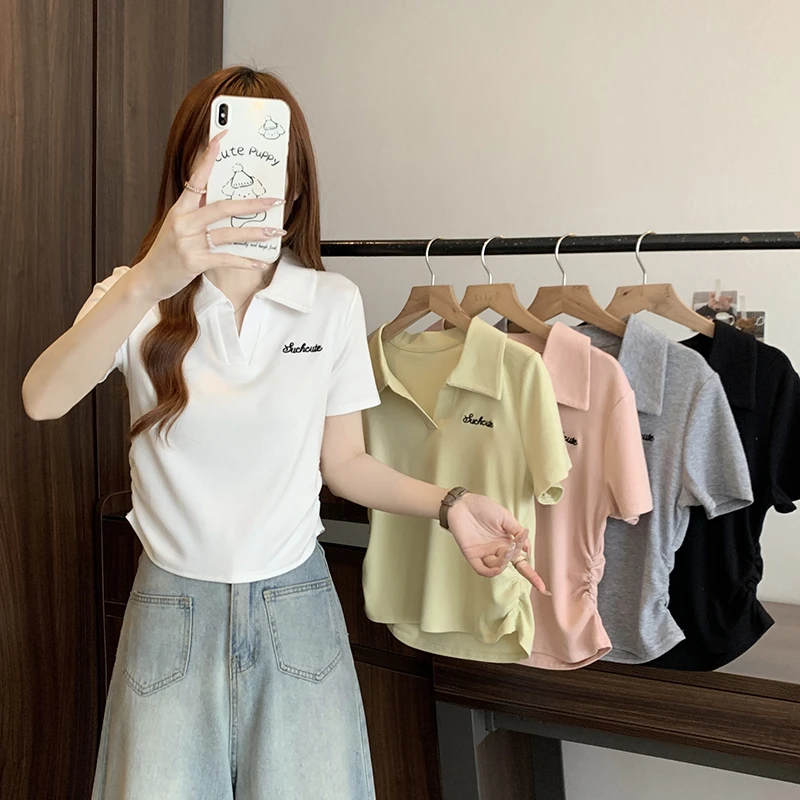 2025夏装新款胖mm大码女时尚v领刺绣弧形收腰短袖T恤