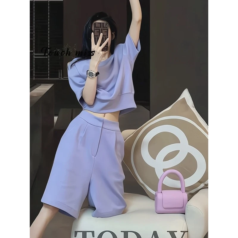 TOUCHMISS轻奢品牌2025新款运动套装女短袖短裤宽松跑步服两件套