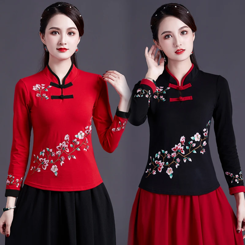 素依绣（清货价）民族风女装上衣立领复古打底衫中国风绣花长袖T恤