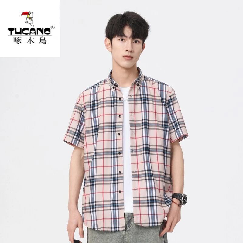 啄木鸟夏季美式撞色格子短袖衬衫潮牌宽松休闲情侣半袖衬衣男女款