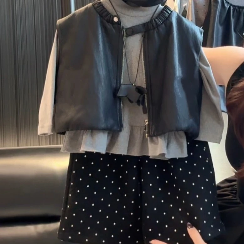 女童2025新款秋装套装洋气时髦韩系ins皮衣马甲衣2件套