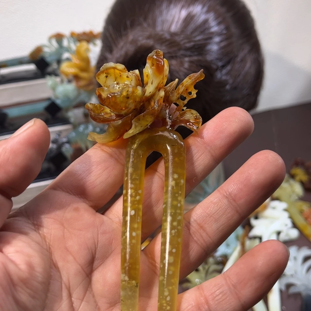 蛇纹石玉发簪合金珍