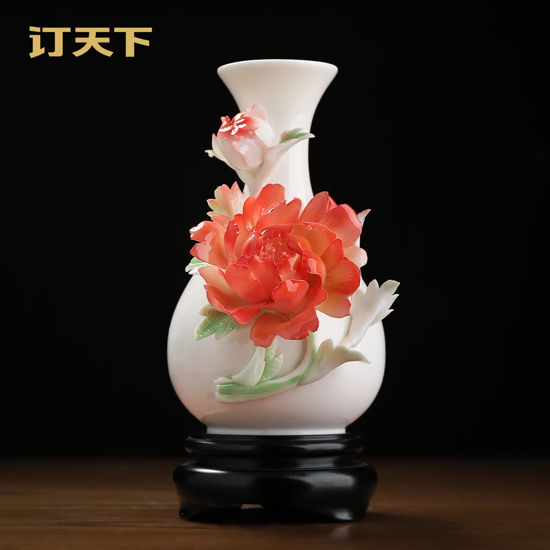 陶瓷锦绣花开牡丹花瓶摆件客厅插花轻奢高级博古架书房艺术装饰品