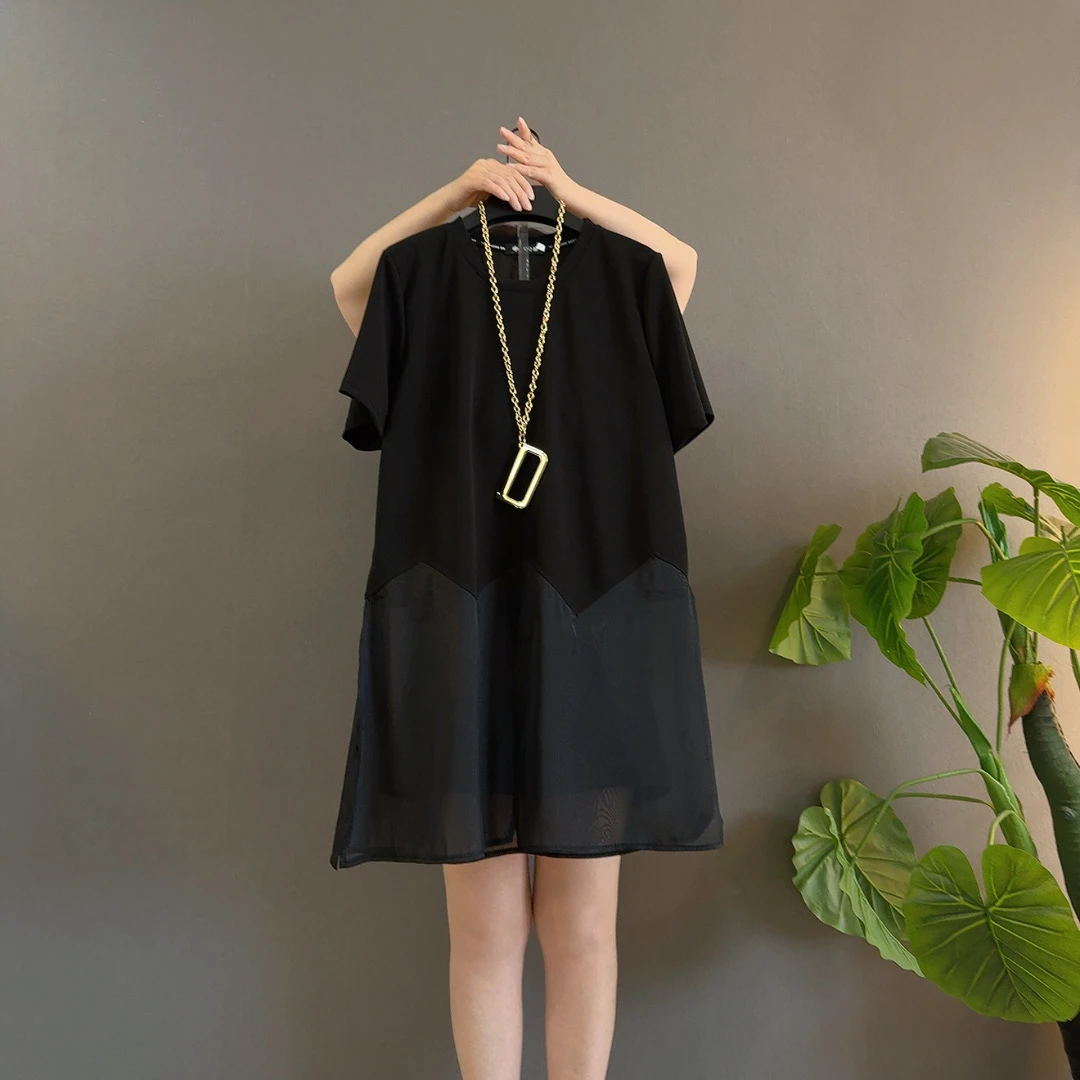 拼接圆领时尚短袖纯色T恤宽松气质设计感大码衫