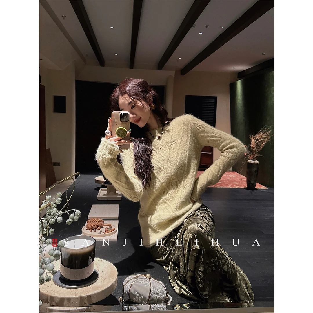 三吉黑花【言秋】羊毛纽花毛衣慵懒高级感秋冬女针织衫2025新款潮