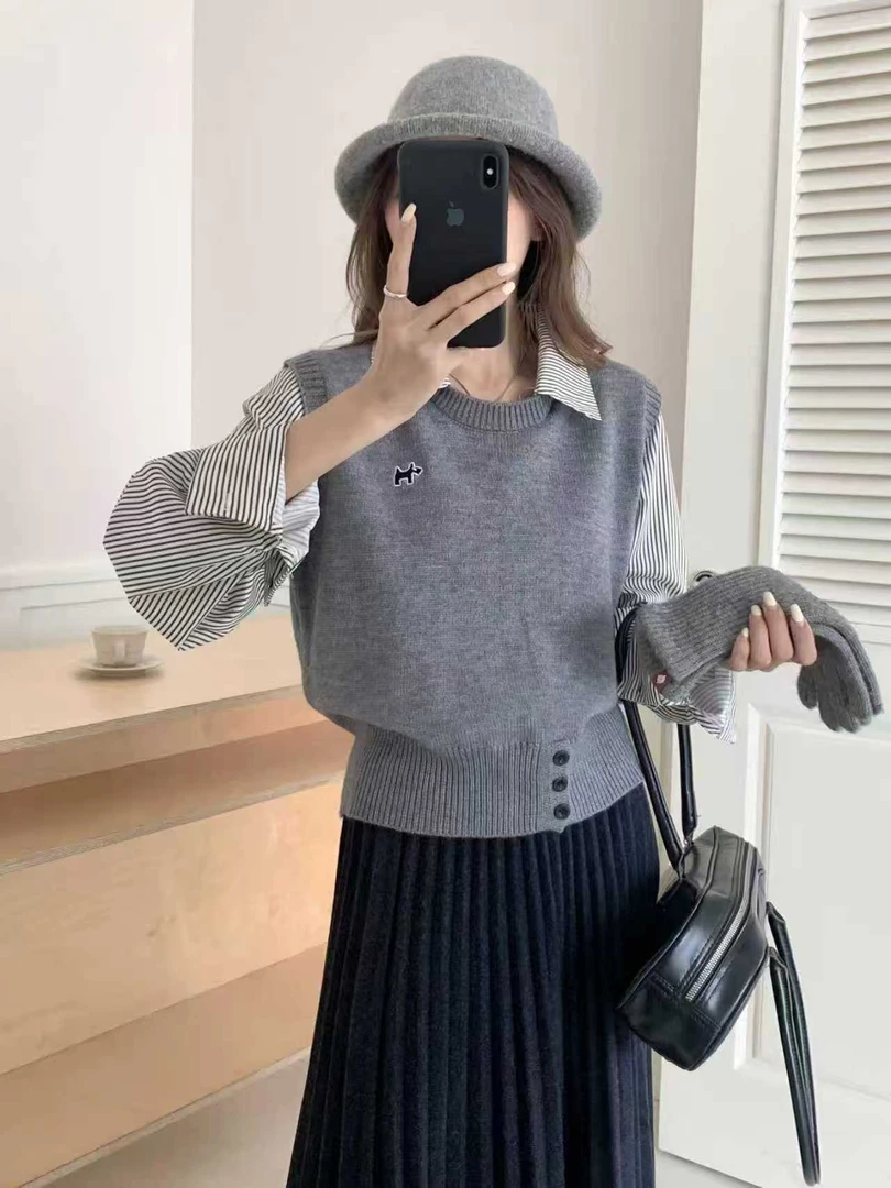 拼接冬季秋冬季长袖针织毛针织衫上衣条纹学院风百搭假两件