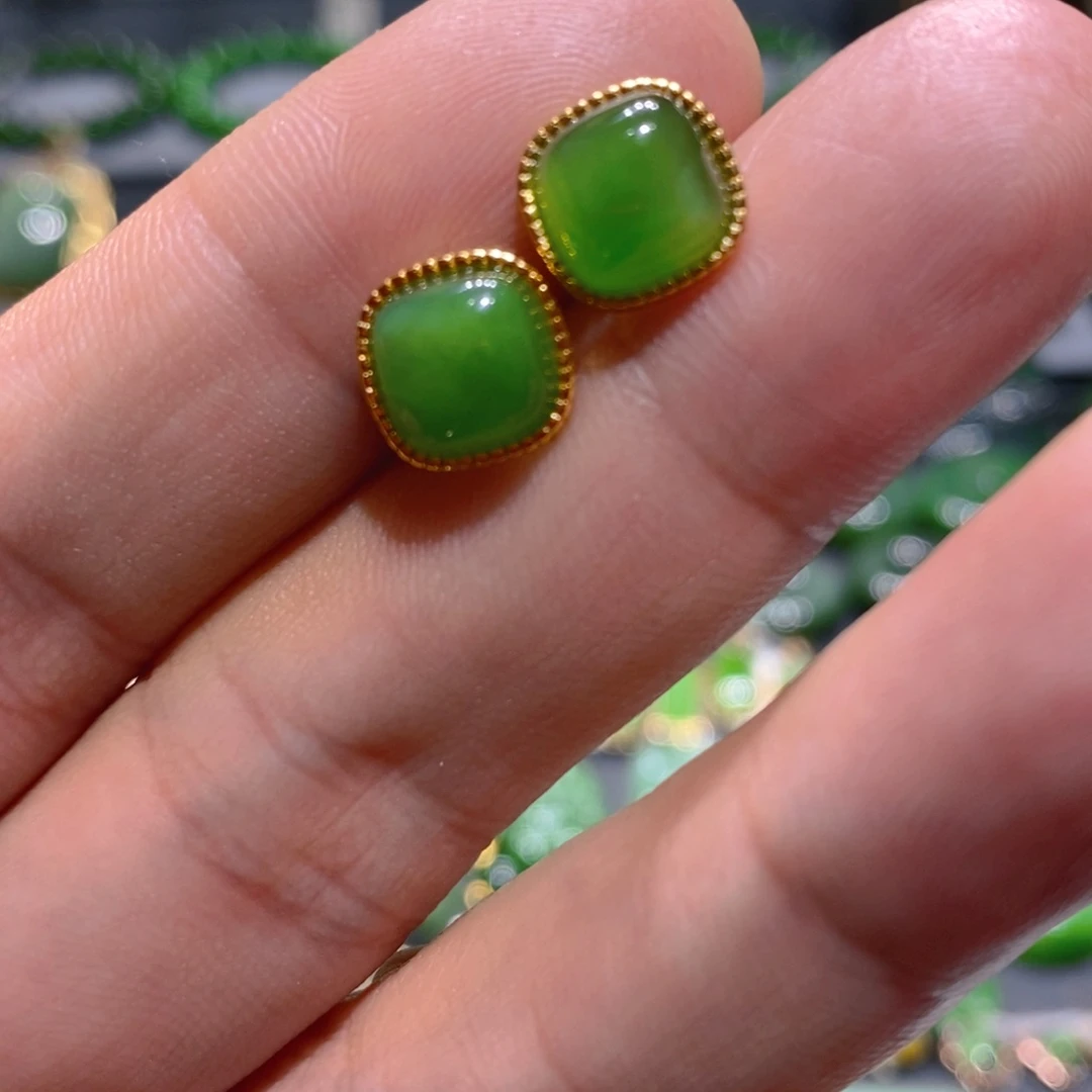 银S925镶嵌和田玉（碧玉）耳饰