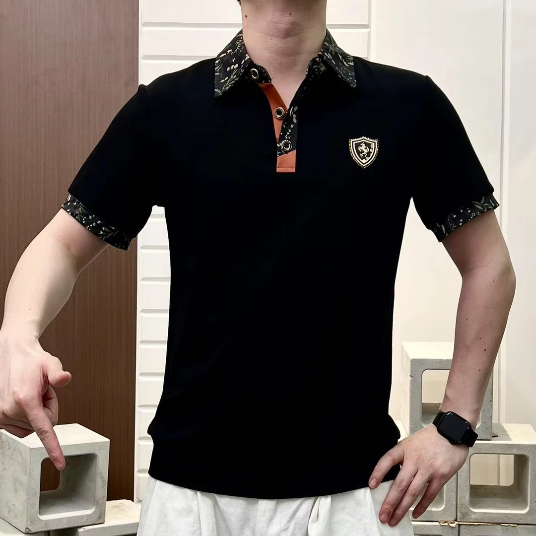 2025夏季新款小标男士纽扣翻领飞马潮流休闲百搭短袖T恤F390