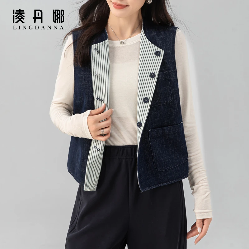 工装牛仔马甲女2025年新款竖条纹撞色两面穿宽松夹克无袖上衣外套