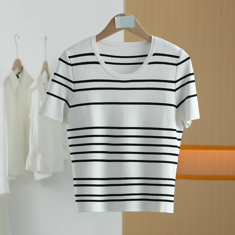 【唐长老自营】货号5189女装春秋新款条纹百搭针织短袖M