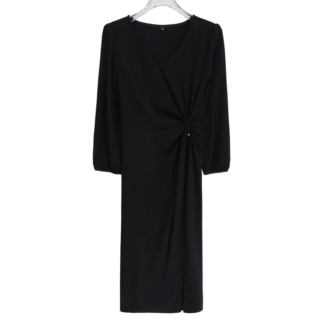 法式长袖不规则开叉设计感性感收腰连衣裙S2812