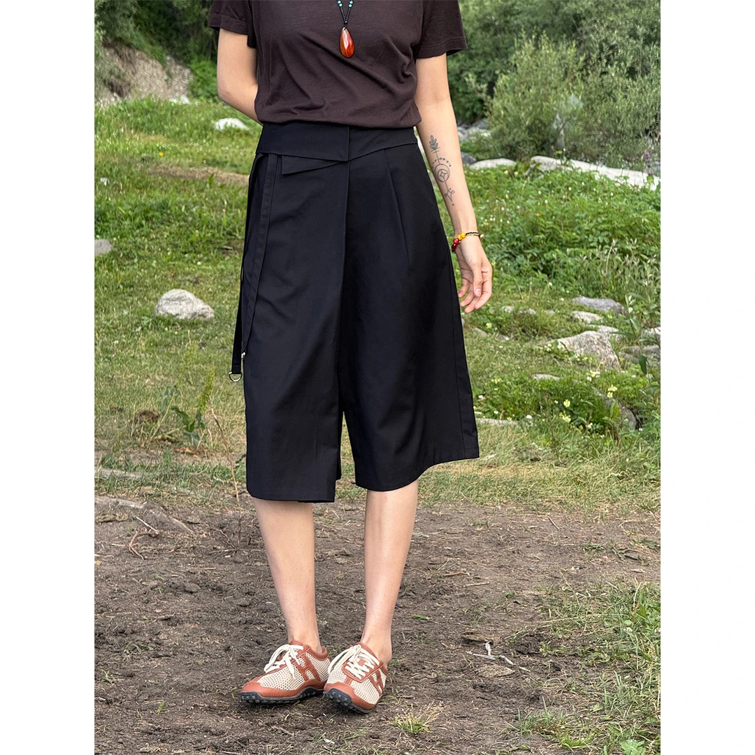 LANGQING 黑色垂感七分宽松设计感夏季舒适简约休闲裤44596#