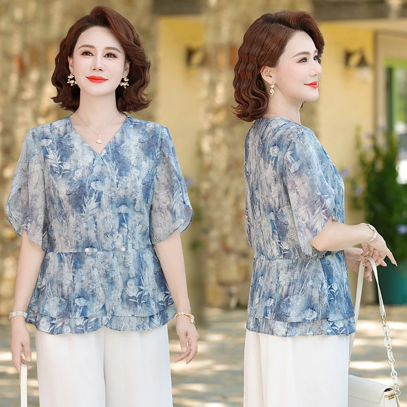 2025新款夏装洋气中老年女装中年妈妈装洋气减龄新中式上衣服T恤