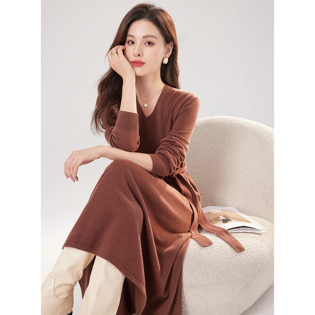 100绵羊毛针织连衣裙女秋冬季高级感加厚中长款打底a字毛衣裙