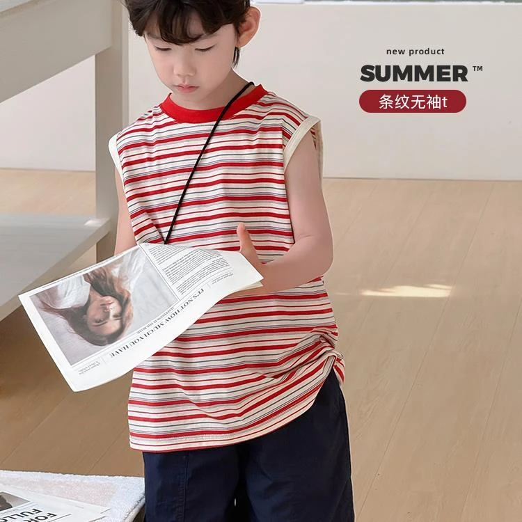 新品【当红不让】ivan家童装男女童中大童条纹无袖T恤伍 DZ4686