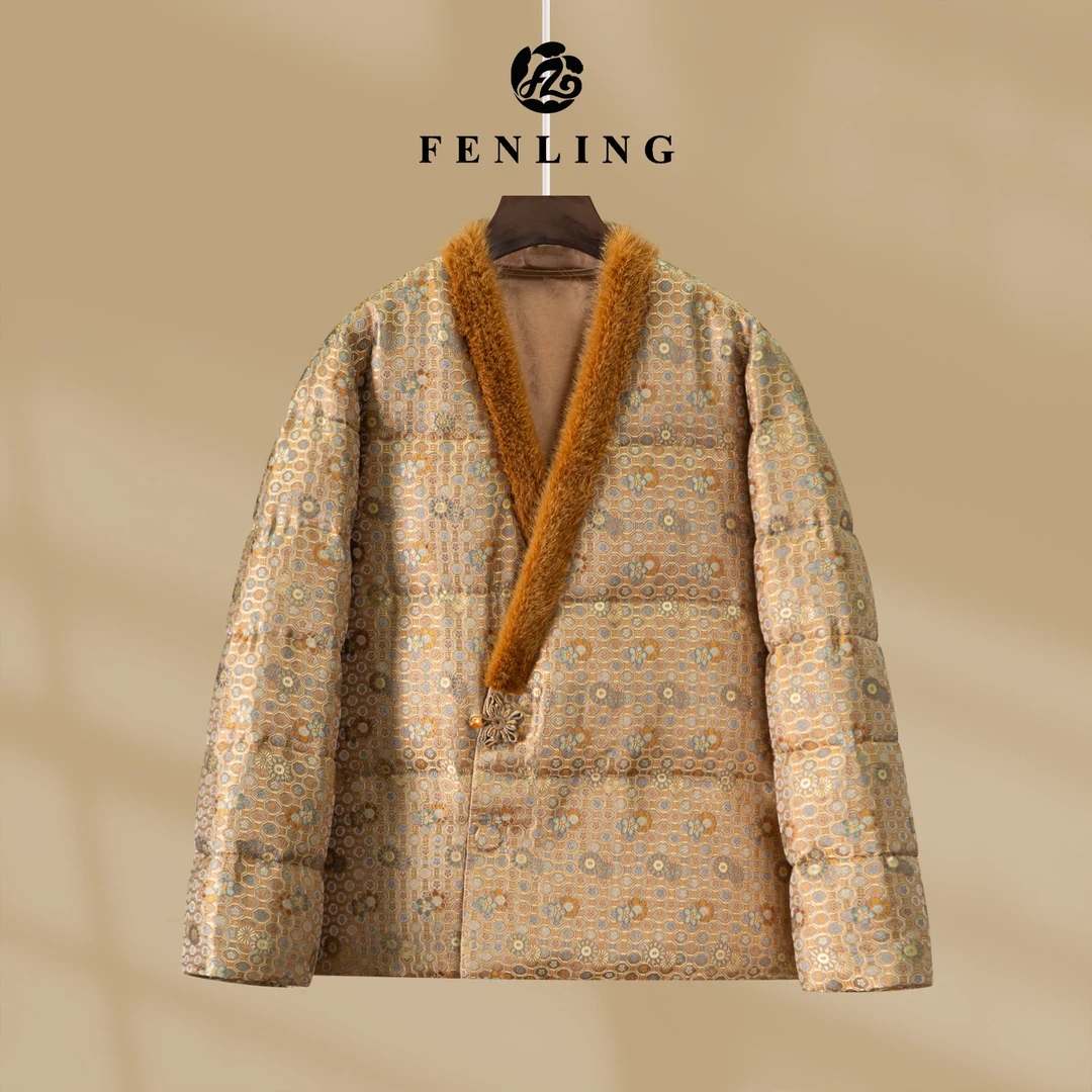 芬领-繁星宝相-非遗中式桑蚕丝老宋锦水貂毛白鹅绒外套上衣WT571