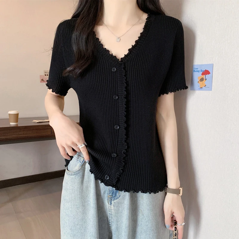 胖mm夏季新款大码木耳边设计感V领短袖T恤女宽松显瘦正肩冰丝上衣