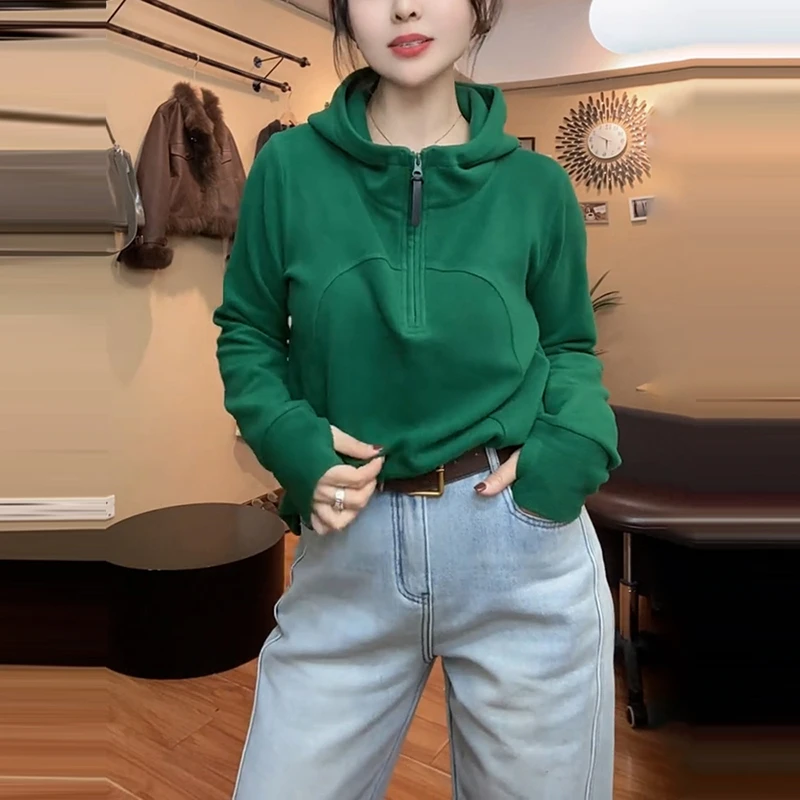 春季新款休闲女装高级感洋气半拉链连帽长袖卫衣纯色百搭显瘦上衣