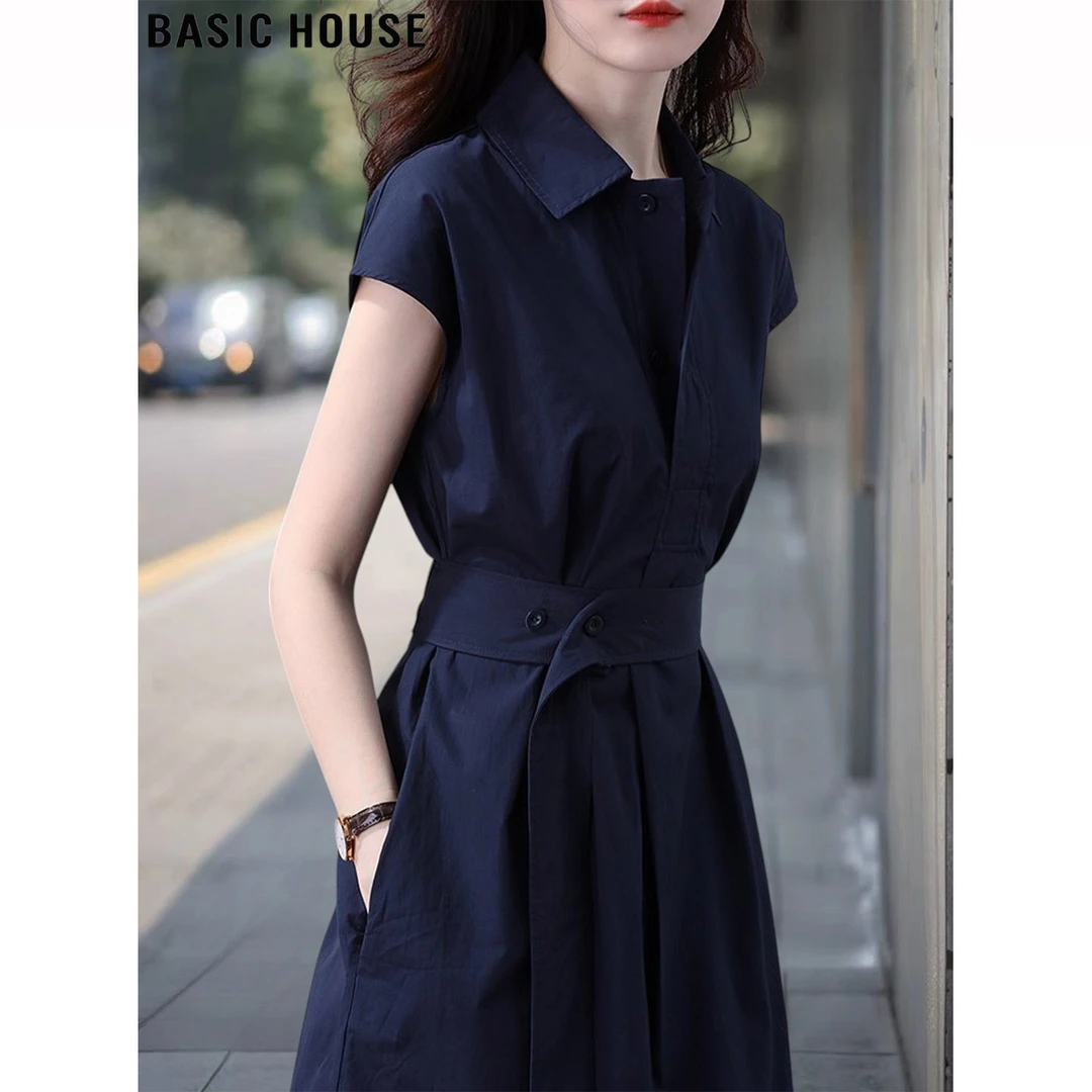 Basic House/百家好藏蓝色短袖连衣裙女夏季收腰显瘦POLO领衬衫裙