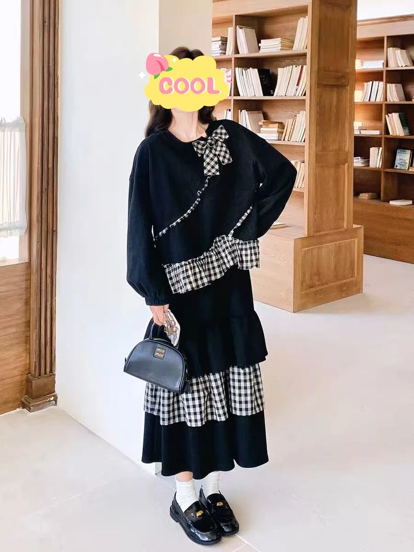 大码格纹蝴蝶结拼接长袖上衣半身裙秋季两件套2081#