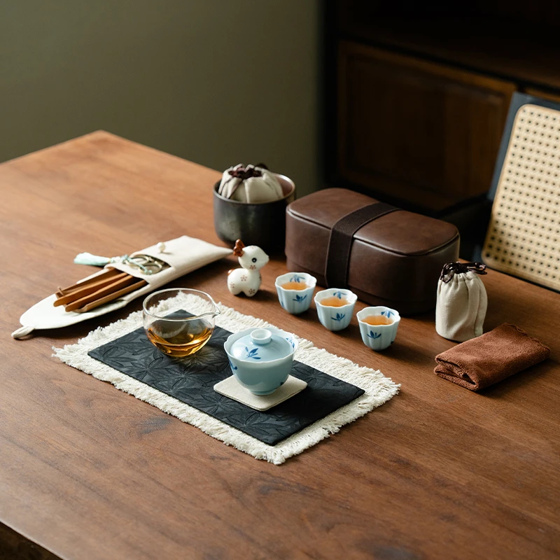 赞朴手绘蝴蝶兰花新中式盖碗茶杯旅行茶具快客杯户外便携茶具套装