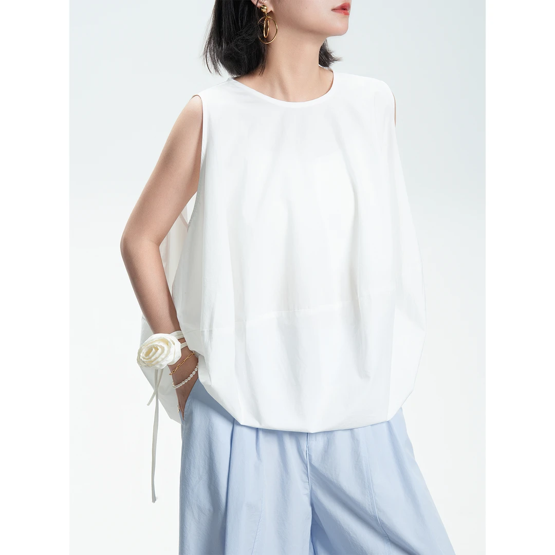 BELIN 「云朵上的花苞」不规则捏褶背心T恤 女25夏新款百搭无袖上衣