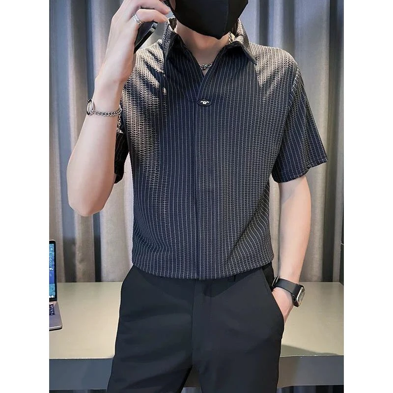 特大码300斤潮牌痞帅条纹五分袖衬衫男装夏季高级感商务休闲衬衣