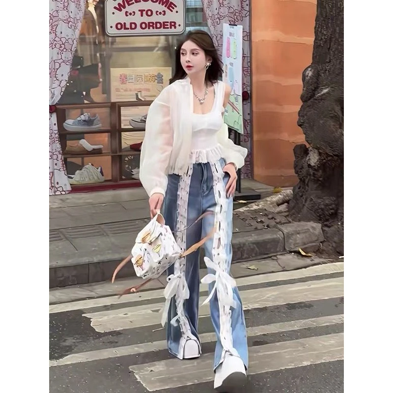 2025时尚高腰阔腿牛仔裤女宽松拖地长裤设计感百搭休闲裤子