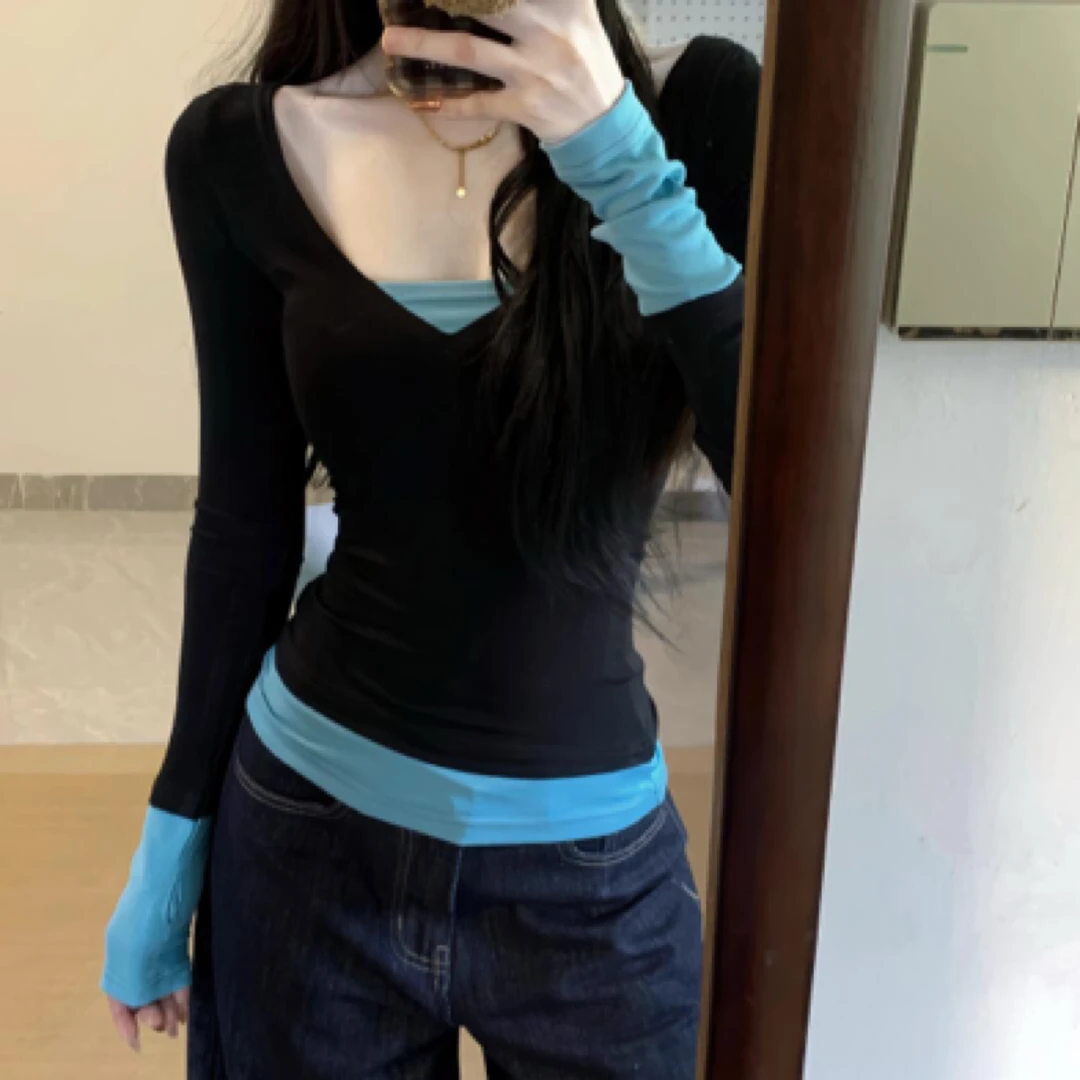 2025新款女士早春季美式辣妹假两件长袖t恤收腰修身撞色拼接上衣