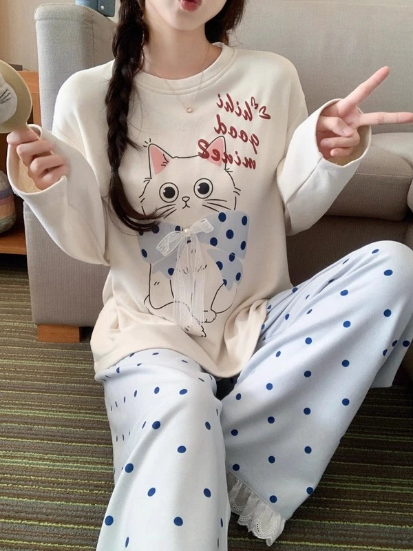 2025新款春秋家居服甜美可爱猫咪睡衣女款秋冬季长袖羊绒保暖套装