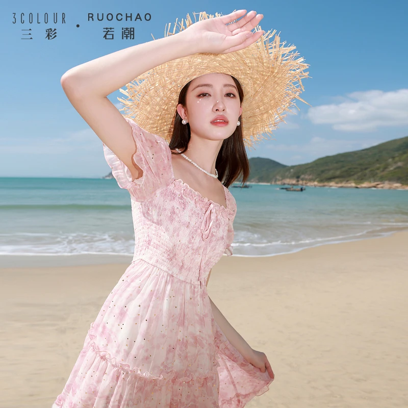 【商城专享】三彩大码女装夏季方领连衣裙烫金印花浪漫长裙